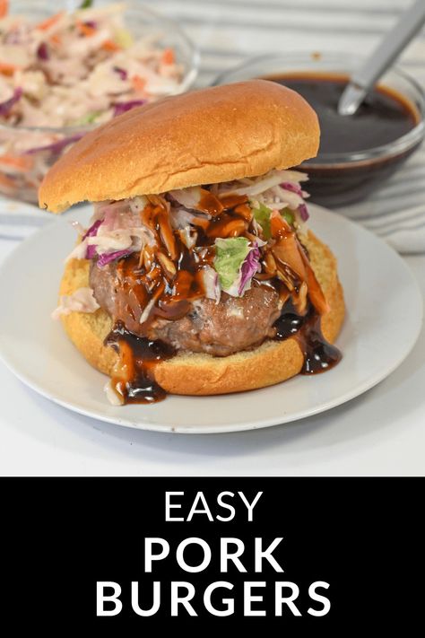 These Pork Burgers will make you forget all about the beef patty! It brings smoky, savory goodness and a flavorful tang. They are made with ground pork infused with the rich flavors of barbecue sauce and spices. This burger is a juicy, flavorful alternative to the classic version. Ground Pork Burgers Recipes, Pork Burgers Recipes Ground, Pork Burgers Recipes, Sausage Burgers, Pan Seared Pork Chops, Ideas For Chicken, Easy Burgers, 30 Minute Recipes, Seared Pork Chops