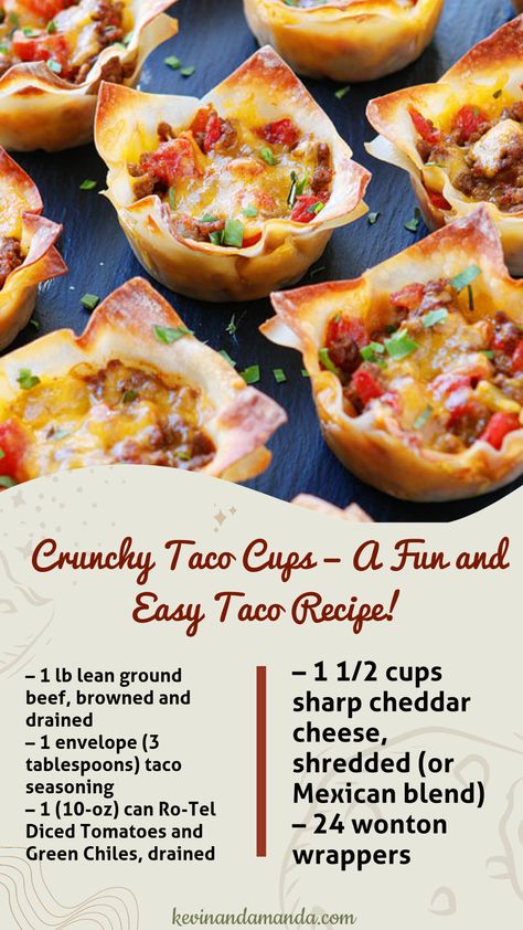 image Recipe: These fun Crunchy Taco Cups are made in a muffin tin with wonton wrappers! Come see why these wonton tacos are our absolute favorite taco recipe! Snacks With Wonton Wrappers, Taco Muffins, Wonton Desserts, Wonton Cups Recipes, Jalapeño Wonton Cups, Wonton Wrapper Taco Cups, Wanton Wrapper Recipes Easy, Recipes With Wonton Wrappers, Easy Taco Salad Cups