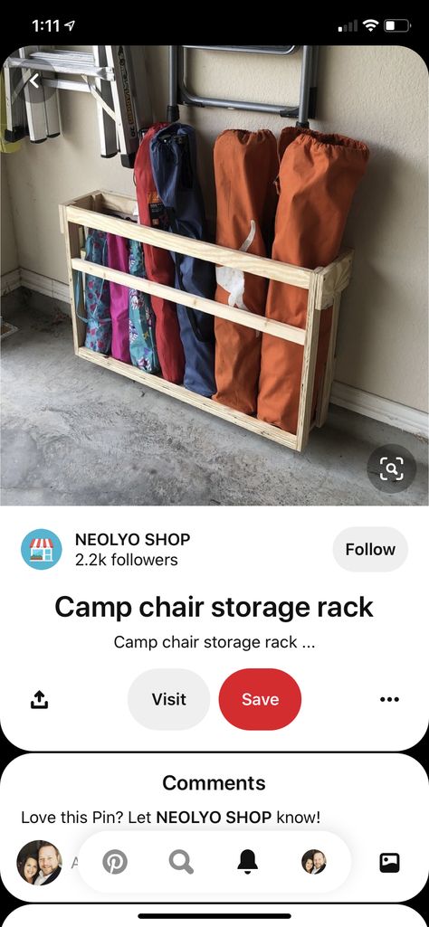 Diy Camping Chair, Camp Chair Storage, Beach Towel Storage, Camping Gear Storage, Fishing Gear Storage, Garage Storage Inspiration, Outdoor Organization, Diy Storage Shelves, Garage Organisation