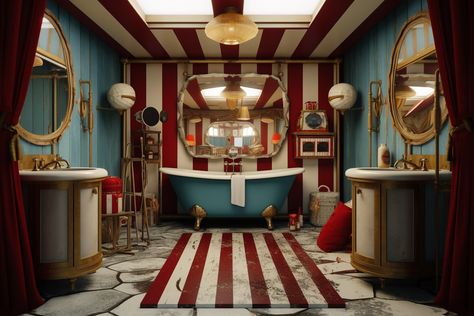 Step right up to the most whimsical bathroom in town! This circus-themed bathroom is sure to bring a smile to your face every time you enter. The wall... -  ##aiartwork ##bathroom ##digitalart ##digitalartist ##digitalartwork Circus Themed Bedroom, Whimsical Bathroom, Trapeze Artist, Themed Bathroom, Circus Tent, Circus Animals, Themed Bedroom, Country Music Stars, Top Tents