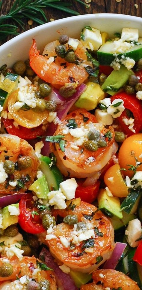 Greek Shrimp Salad, Croissants Breakfast, Greek Shrimp, Salad Greek, Salad Aesthetic, Salad With Tomatoes, Vegan Feta, Herb Dressing, Vegan Feta Cheese