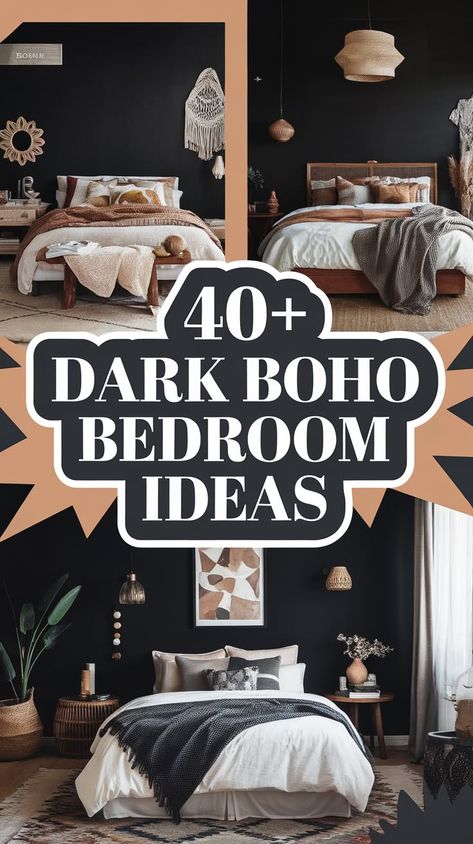 40+ Dark Boho Bedroom Ideas: Shadows Welcome Here Dark Bohemian Bedroom Decor, Deep Paint Colors, Dark Bohemian Bedroom, Dark Boho Bedroom Ideas, Cozy Boho Bedroom Ideas, Dark Romantic Bedroom, Bedroom Ideas Creative, Dark Boho Bedroom, Bohemian Bedroom Ideas