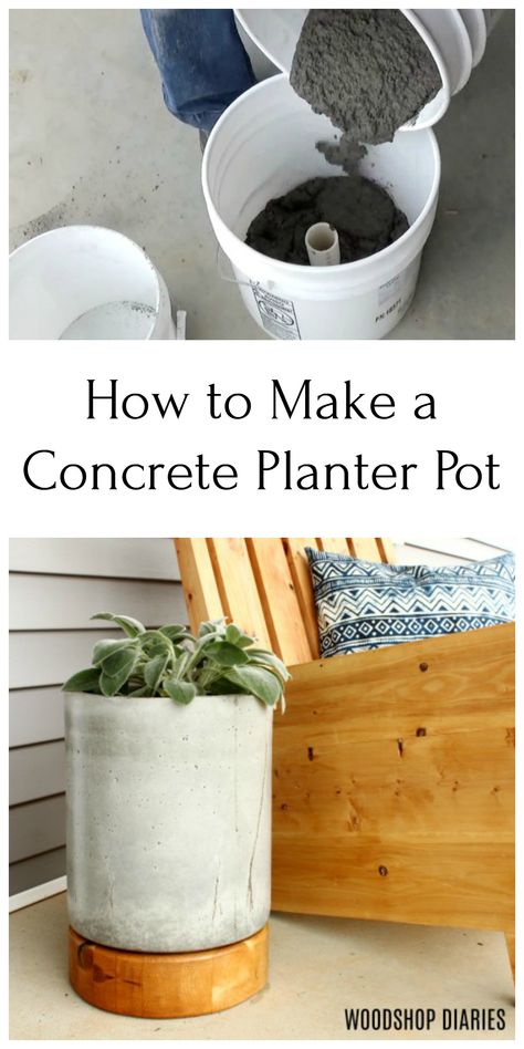 Make an EASY DIY concrete and wood planter pot with this tutorial.  A couple buckets, a 2x4 and a bag of concrete is all you need to make it!  Add a fun unique look with the wooden base.  Perfect for the front porch! Patio Planter Ideas, Diy Planters Pots, Concrete Patio Ideas, Paint Concrete Patio, Diy Cement Planters, Paint Concrete, Tattoo Plant, Diy Concrete Planters, Plant Pot Diy