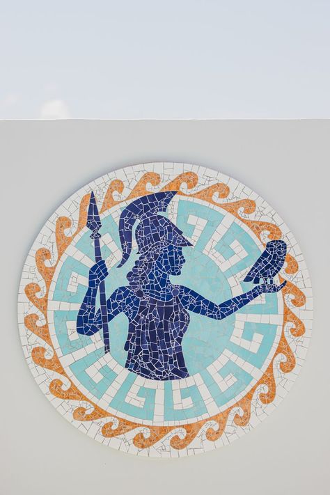 Mosaic Greek Goddess Athena at Meandros Boutique & Spa Hotel in Zakynthos Island, Greece. Artist: Linda Rinke/ Tílde Mosaic. Photo: Amalija Andersone. Recycled ceramic tiles on wood. #mosaic #mosaico #Greece #GreekGoddess #Athena #trencadis #tildemosaic #lindarinke Mosaic Art Greek, Mosaic Tile Art Ideas, Greek Mosaic Art, Greek Tiles, Greek Mosaic, Greek Plays, Greece Design, Most Beautiful Photos, Blue Glass Tile