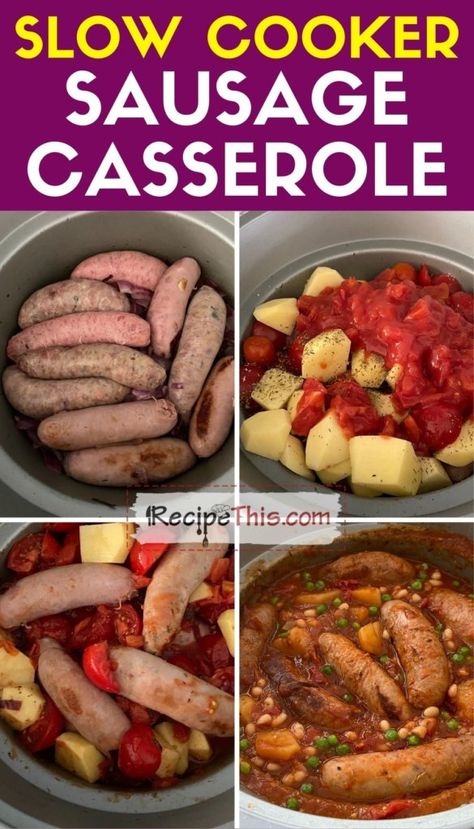 Slow Cooker Sausage & Bean Casserole Potato And Sausage Recipes Slow Cooker, Slow Cooked Sausage Casserole, Bean Slow Cooker Recipes, Slow Cooker Sausage And Potato Casserole, Sausage Slow Cooker Recipes, Sausage Casserole Slow Cooker, Slow Cooker Sausage Recipes, Carrots Slow Cooker, Sausage And Bean Casserole