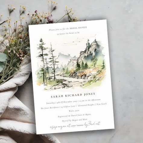 $2.80 | Woods Mountain Landscape Sketch Bridal Shower | Bridal Shower Invitations | mountain landscape, destination wedding, national park, soft muted pastel, watercolor, modern elegant, simple minimal, pine woods forest, rustic pencil sketch, green blue dusky Forest Baby Shower Invitations, Forest Baby Showers, Landscape Sketch, Couples Shower Invitations, Wedding Anniversary Invitations, Anniversary Invitations, Engagement Invitations, Wedding Suite, The Wedding Date