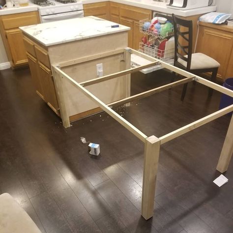 Building an island extension dining table frame | DIY Home Improvement Forum Island With Lower Table Attached, Diy Island Extension, Drop Down Kitchen Island Dining Table, Island Table Extension, Dining Table Attached To Island, Kitchen Island Table Extension, Kitchen Island With Attached Table, Table At End Of Island, Island As Dining Table