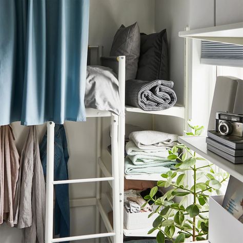 Vertical storage for an uncluttered small bedroom - IKEA Ikea Vitval Bed Hack, Bunk Bed Hacks, Studio Shelves, Loft Bed Ideas, Ikea Loft Bed, Organizing Small Home, Closet Small Bedroom, Bedroom Closet Storage, Small Bedroom Storage