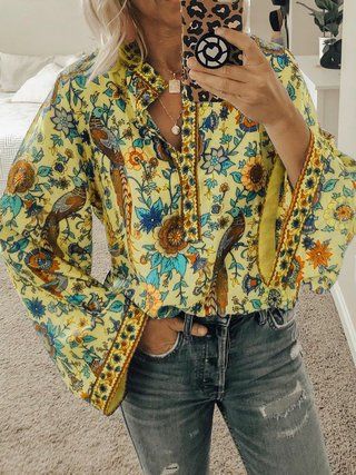 Look Hippie Chic, Long Sleeve Loose Blouse, Beach Blouse, Flower Print Blouse, Mode Hippie, Peacock Print, Chic Blouses, Loose Outfit, Loose Shirts