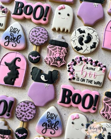 Halloween Baby Shower Cookies Girl, Boo Cookies, A Little Boo Is Almost Due Cookies, Spooky Baby Shower Ideas Girl, Witch Baby Shower Ideas, Halloween Baby Shower Cookies, Halloween Baby Shower Food, Halloween Shower Ideas, Halloween Birthday Party Decorations