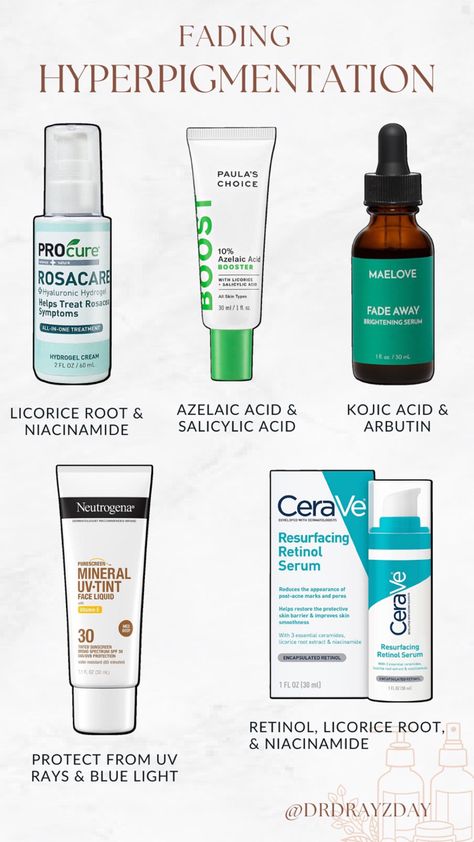 Dermatologist skin care product recommendations to fade dark spots and hyperpigmentation Remedies For Back Acne, Hyperpigmentation Black Skin, Removing Hyperpigmentation, Fade Hyperpigmentation, Skin Care Hyperpigmentation, Back Acne, Dermatologist Recommended Skincare, Recommended Skin Care Products, Post Acne Marks