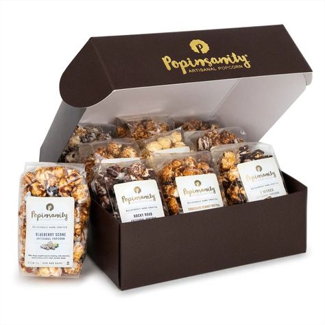 Run a Popinsanity 🍿 Popcorn fundraiser with Gold Athletics! Gourmet Popcorn Packaging, Popcorn Gift Ideas, Snack Box Gift, Business Techniques, Chocolate Peanut Butter Popcorn, Gifting Business, Custom Popcorn Boxes, Popcorn Gifts, Rocky Road Chocolate