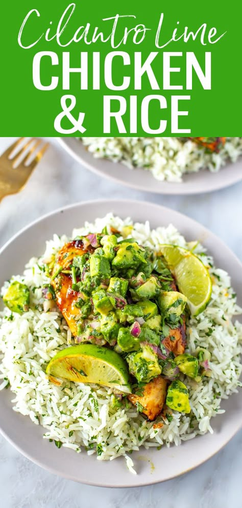 Cilantro Lime Chicken and Rice {Best Marinade} Chicken Recipes With Cilantro Lime Rice, Chili Lime Chicken And Rice Meal Prep, Cilantro Lime Rice Recipe Dinners, Cilantro Lime Chicken Dinner Ideas, Healthy Lime Chicken Recipes, Cilantro Rice And Chicken, Cilantro Lime Rice Dinner Ideas, Chicken Rice And Avocado, Cilantro Lime Chicken Meal Prep