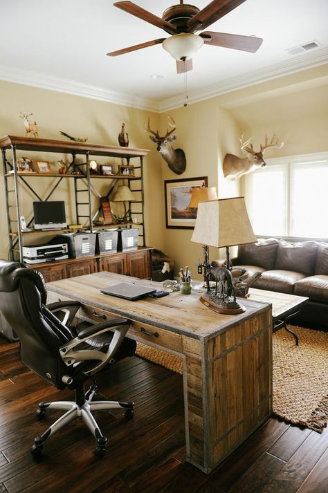 Rustic Office. Designed by First Fruit Collection Office Space For Men, Modern Home Office Design For Men, Rustic Office Design, Modern Rustic Office, Rustic Office Decor, Home Office Man Cave, Rustic Home Offices, Office Decor Ideas, Office Decor Professional