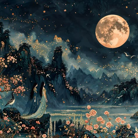 ✪ FINE ART PRINT "Midnight Scene" * This enchanting moonlit Chinese landscape wall art captures a romantic night scene with intricate details and a dreamy ambiance. The captivating artwork features a full moon, lush flora, and traditional Chinese aesthetics.  ✾ ✾ ✾  💭 THE ARTISTIC PROCESS * My digital art prints begin as visions floating around in my imagination that are then brought to life through generative AI. After that "birth," I edit them in numerous steps and with a variety of tools, of Moonlit Landscape, Celestial Realm, Ancient Trees, Art Romantic, Art Chinois, Chinese Landscape, Twinkling Lights, Asian Decor, Fantasy Places