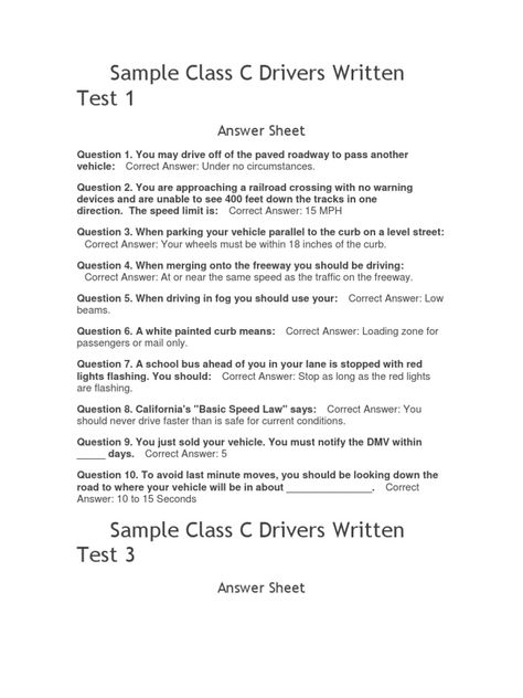 The documents contain sample tests for a Class C driver's license with multiple choice questions testing knowledge of traffic laws, vehicle operation, and safe driving practices. The questions cover topics like right of way, speed limits, vehicle parking rules, railroad crossing safety, defensive driving techniques, and proper procedures following a traffic accident. Written Drivers Test Tips, Driving Test Questions, Dmv Driving Test, Winter Arch, Driving Test Tips, Dmv Test, Test Tips, Permit Test, Defensive Driving