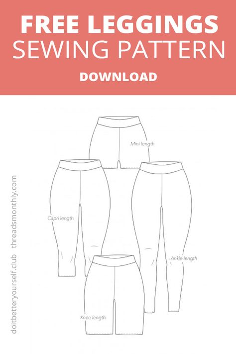 A FREE leggings sewing pattern. These pants come in plus size too (size: 00-36). You can choose from 2 waistband options and 4 lengths. Great for advanced beginners who want to start sewing stretchy knit fabrics. This is a great serger project too. Download the printable pdf pattern. #freesewingpatterns #pantssewingpatterns #sewingpatternswomen #sergerprojects Design by DIBY 'Do It Better Yourself Club'. Activewear Pattern, Sewing Patterns For Women, Free Printable Sewing Patterns, Sewing Patterns Free Women, Plus Size Sewing Patterns, Plus Size Patterns, Plus Size Sewing, Pants Sewing, Printable Sewing Patterns