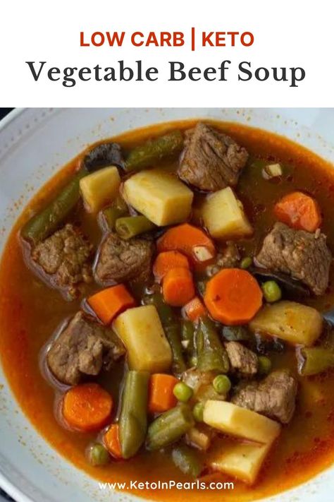 Savory and hearty low carb vegetable beef soup is a one bowl meal that will keep your belly warm and full on a cold night! It’s also keto, paleo, and whole30 compliant. Serve with a side salad or slice of my keto cornbread for a complete meal! Keto Cornbread, Soup Keto, My Keto, Vegetable Beef Soup, Frozen Green Beans, Best Soup Recipes, Keto Soup, Beef Stew Meat, Low Carb Vegetables