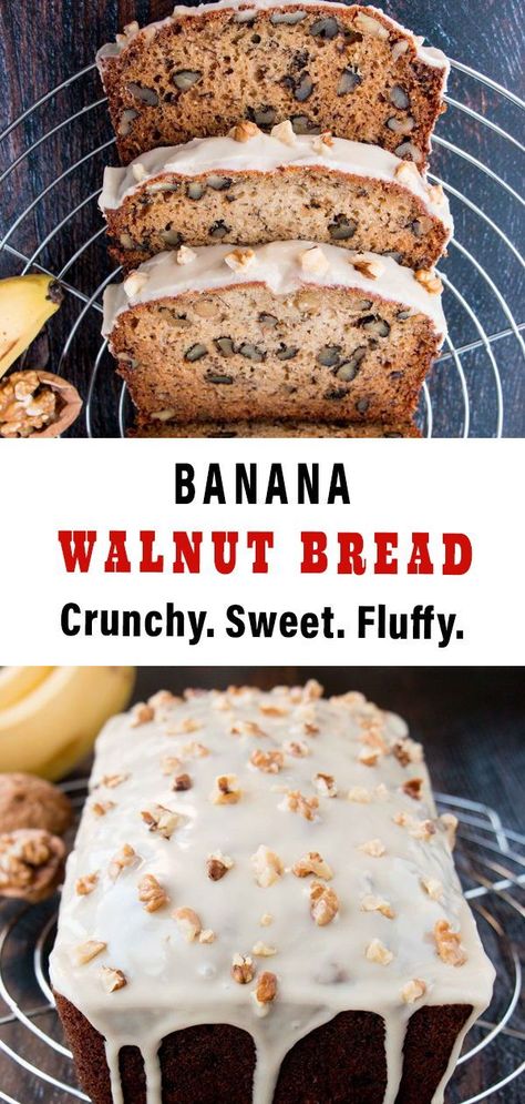 This banana walnut bread is full of crunchy walnuts and fruity banana flavor. It’s topped with a thick creamy glaze that has a sweet-smokey maple flavor. Banana Walnut Bread Recipe, Walnut Bread Recipe, Maple Syrup Glaze, Bread Toppings, Banana Walnut Bread, Walnut Bread, Banana Walnut, Moist Banana Bread, Bread Appetizers