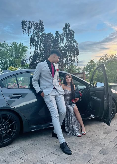 Prom pics | matching outfit | couple matching | prom inspo | prom | grey dress | grey prom dress | classy couple outfit | insta pics inspo | car pics | car pictures | car prom pics Prom Couples Outfits Matching, Prom Matching Couples, Matching Prom Outfits For Couples, Grey Suit Prom, Matching Prom Couples, Matching Outfit Couple, Prom Photos Couple, Md Photoshoot, Prom Dress Classy