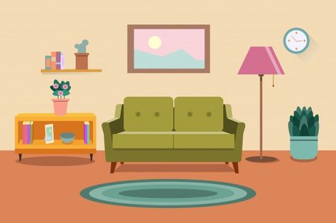 Living Room Cartoon Drawing, Living Room Cartoon Background, Living Room Illustration Cartoon, Sofa Cartoon, Sofa Bookcase, Living Room Vector, Living Room Clipart, Cartoon Clock, Cartoon Room