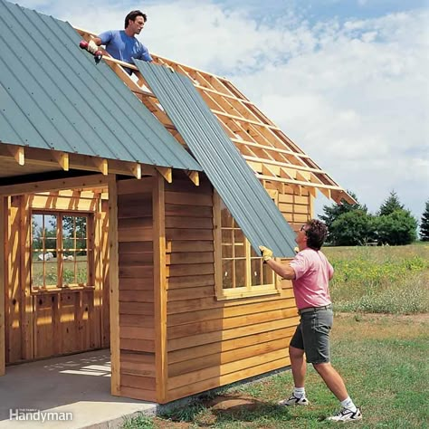 You can cut steel roofing panels with a circular saw and a carbide blade, but it'll save you a lot of work if you order the panels the right length to start with. Plus, you'll have a greater color selection if you order the roofing rather than buy off-the-shelf panels. Remember to order in advance, though, since it usually takes several weeks for the roofing to arrive. And make sure the overhangs are the right size so the panels will overhang the fascia slightly. Diy Metal Shed, Metal Shed Roof, Steel Roof Panels, Diy Storage Shed Plans, Diy Storage Shed, Shed Building, Steel Roof, Storage Shed Plans, Steel Roofing