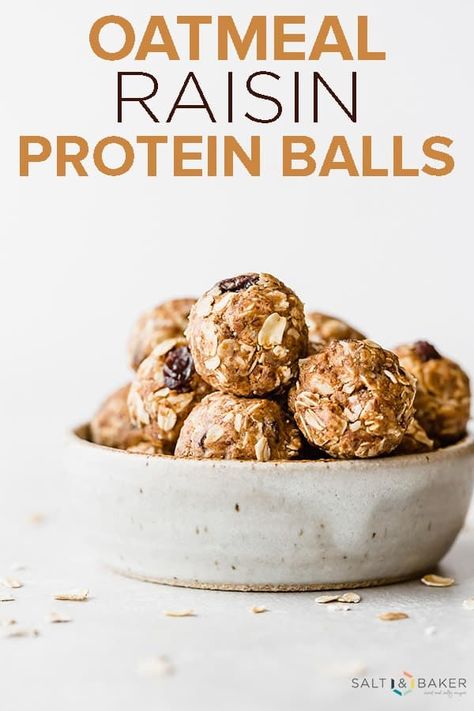 No Bake Oatmeal Raisin Energy Balls, Vegan Protein Balls Healthy, Oatmeal Raisin Protein Balls, Raisin Protein Balls, Raisin Energy Balls, Bake Oatmeal, Oatmeal Raisin Cookie, No Bake Energy, Raisin Cookie