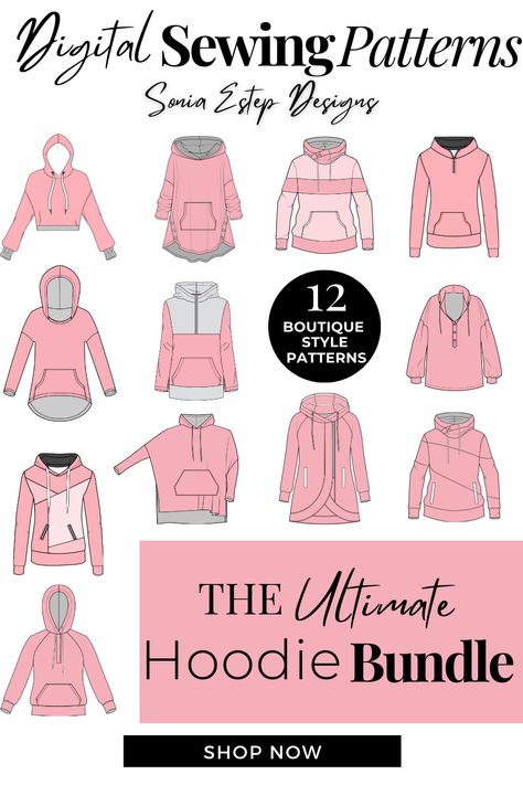 The image shows line drawings for 12 different hoodie sewing patterns. Easy Hoodie Sewing Pattern, Oversized Hoodie Pattern, Diy Hoodie Design, Hoodie Sewing Pattern Free, Sweatshirt Sewing Pattern, Sewing Pattern Free, Hoodie Sewing, Hoodie Sewing Pattern, Altered Clothes