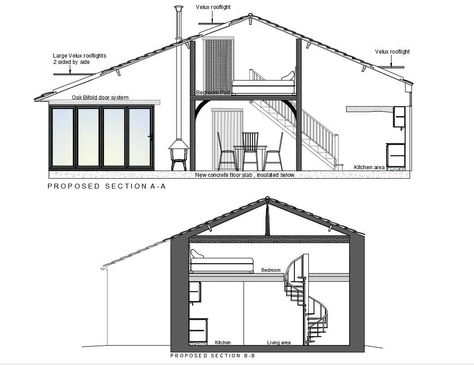 Sectional design of Residence house which shows roofing structure details at ceiling along with staircase details. Section Of House, A House Plan, Section Drawing, Interior Design Plan, House Template, Building Layout, Chief Architect, Architecture Model Making, Architectural Section