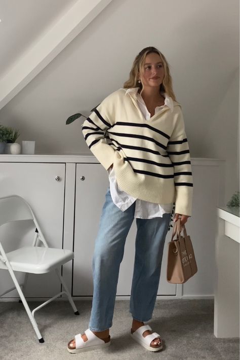 Collared Jumper Outfit, Polo Jumper Outfit, Shirt And Jumper Outfit, White Jumper Outfit, Jumper Aesthetic, Collared Jumper, Sweater Cardigan Outfit, Lazy Fits, London 2023