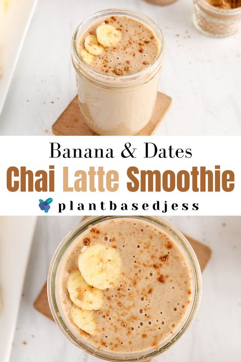 Banana & Vanilla Chai Latte Smoothie with Dates - Plant Based Jess Smoothie With Dates, Vanilla Chai Latte, Chai Smoothie, Endomorph Body Type, Endomorph Diet, Date Smoothie, Creamy Smoothies, Smoothie Drink Recipes, Vegan Drinks