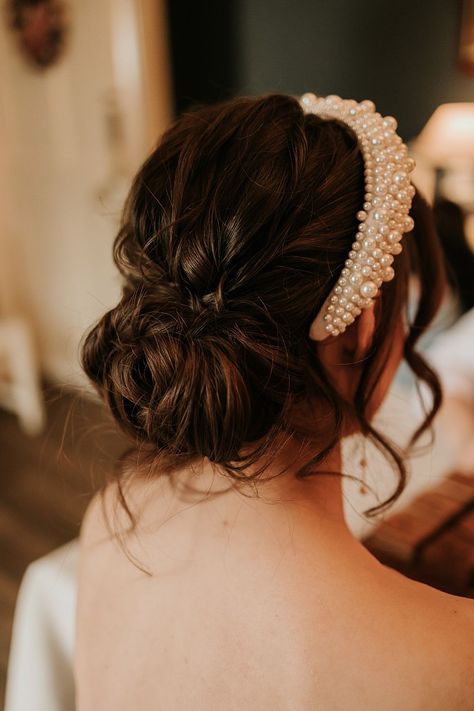 Updo Headband Wedding, Thick Wedding Headband, Headband Hair Up Hairstyles, Braided Updo With Headband, Hairband Hairstyle Wedding Guest, Wedding Hairband Updo, Wavy Wedding Hair With Headband, Wedding Hair With Headband Updo, Bridal Hair Updo With Headband