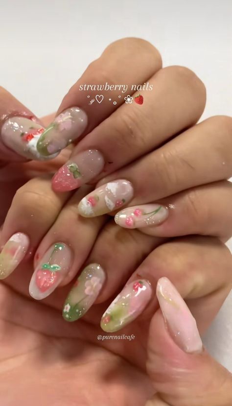 Fairy Gel X Nails, Pomagranet Art, Fairy Nails Designs, Pink And Green Nails Design, Nail Poses, Strawberry Nails, Artistic Nails, Green Strawberry, Cute Acrylic Nail Designs