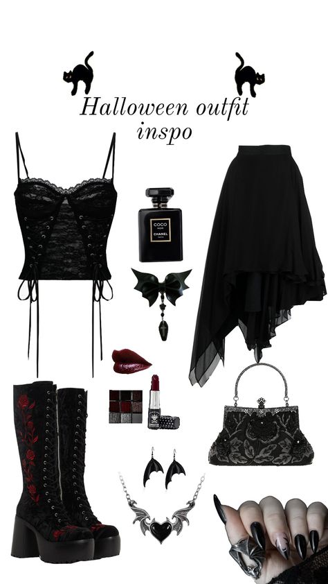 Halloween outfit inspo 🕷️ #halloween #halloween #outfit #inspo #fall #fallaesthetic #fashion #style #gothic Witchy Outfits Halloween, Gothic Halloween Outfit, Soft Vampire Aesthetic Outfit, Halloween Grunge Outfits, Vampire Inspo Outfit, Elvira Inspired Outfits, Witch Aesthetic Fashion Outfit, Witch Costume Corset, Witch Costumes Aesthetic