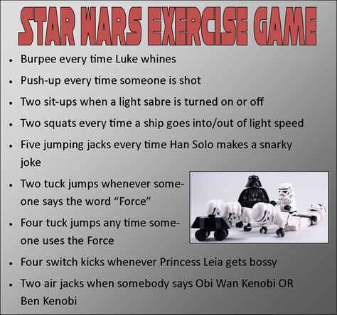 Star Wars Exercise Game #starwarsexercise Star Wars Exercise, Star Wars Workout, Tv Show Workouts, Movie Workouts, Tv Workouts, Crossfit Workouts At Home, Heart Inspiration, Exercise Ideas, Fit Kids