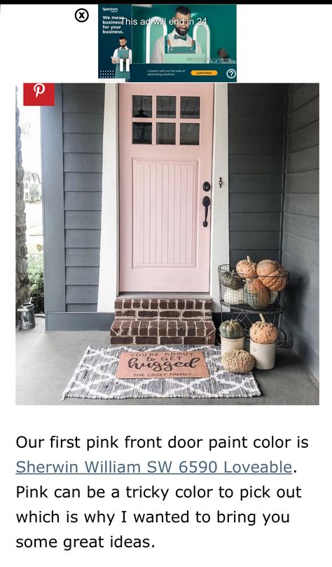 Pink And Gray House Exterior, Pink Garage Door, Light Pink Front Door, Pink Door Exterior, Pink Front Door, Gray House Exterior, Green Shutters, Boho Desert, Door Colors