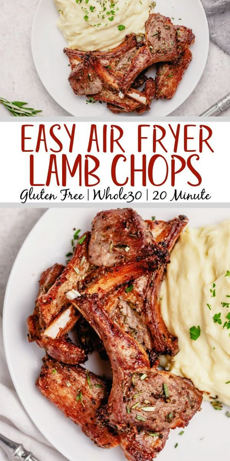 These air fryer lamb chops are among the easiest and fastest ways to get a delicious lamb entree on the table. They are both dairy free and gluten free, along with completely paleo and Whole30 lamb chops. This recipe goes with almost anything and takes 20 minutes from start to finish. Impress your friends and become a lamb chop expert overnight with this recipe! #glutenfreerecipes #dairyfreerecipes #glutenfreedairyfreerecipes #20minutemeals #whole30recipes #healthylambrecipes #airfryerrecipes Air Fryer Lamb Chops, Easy Lamb Chop Recipes, Easy Lamb Chops, Healthy Lamb Recipes, Air Fryer Lamb, Lamb Loin Chop Recipes, Smoked Lamb, Lamb Loin Chops, Lamb Loin