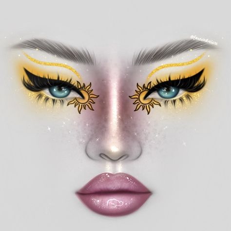 Sun makeup yellow makeup Sun Makeup, Digital Face, Creative Halloween Makeup, Yellow Eye Makeup, Makeup Challenge, Yellow Makeup, Makeup Drawing, Makeup Face Charts, Face Charts