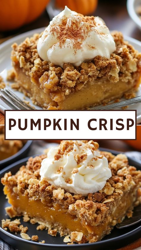 Pumpkin Crisp Thanksgiving Crisp Dessert, Whats In Pumpkin Pie Spice, Pumpkin Crisp Butternut Bakery, Pumpkin Pie Crisp With Cinnamon Streusel, Pumpkin Pie With Brown Sugar, Crunchy Dessert Recipes, Healthy Pumpkin Pie Crisp, Pumpkin Dessert Bars Recipes, Pumpkin Pecan Crisp Recipe