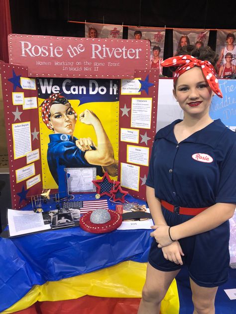 Wax Museum School Project Girl, Social Studies Fair Projects, Giraffe Project, Wax Museum School Project, Wax Museum Ideas, History Fair Projects, Rosie The Riveter Poster, Wax Museum Project, National History Day