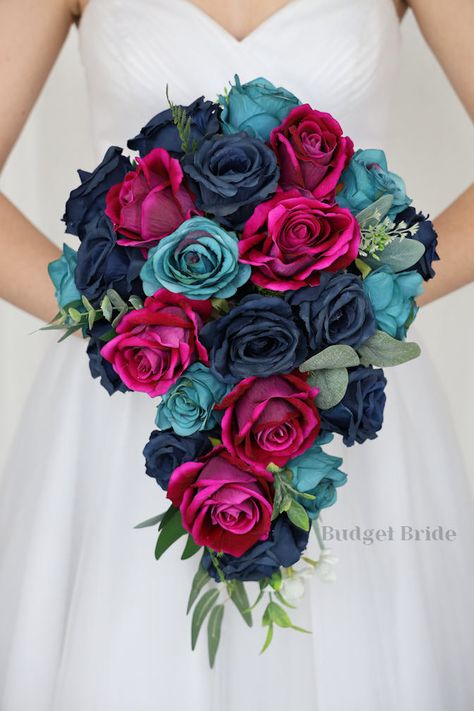 round wedding bouquet with wine, burgundy, mauve and dusty rose flowers with fig and fern greenery perfect for a spring or summer wedding Magenta And Blue Wedding Theme, Magenta And Teal Wedding, Teal And Burgundy Wedding Ideas, Magenta And Navy Blue Wedding, Teal And Fuschia Wedding, Blue And Magenta Wedding, Raspberry Wedding Color Scheme, Teal And Burgundy Wedding, Blue And Pink Bouquet