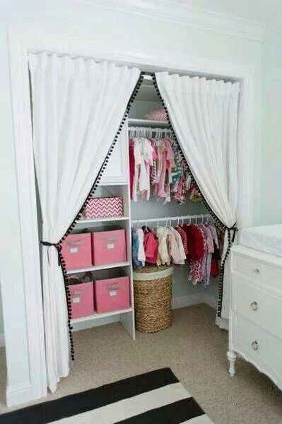 Use curtains instead of doors for baby closets Replacing Closet Doors, Nursery Closet Organization, Closet Curtains, No Closet Solutions, Ikea Curtains, Nursery Closet, Baby Closet, Kid Closet, Diy Closet