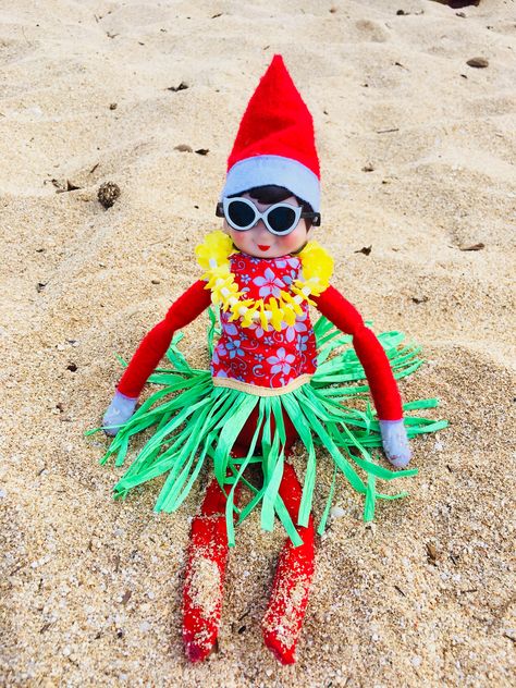 Elf On The Shelf Beach Ideas, Elf On The Shelf On Vacation, Elf Going On Vacation, Elf On Shelf Beach Ideas, Elf On The Shelf Hawaiian Ideas, Hawaiian Christmas Decorations, Elf On The Shelf Beach, Beach Elf On The Shelf, Beach Theme Elf On The Shelf