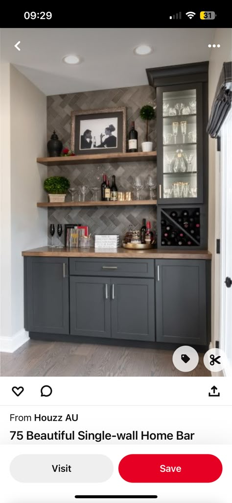 Built In Liquor Cabinet Shelves, Kitchen Liquor Cabinet Ideas, Wetbar Cabinetry, Wet Bar Ideas In Living Room, Music Basement, Small Dry Bar Ideas, Small Built In Bar, Built In Bar In Living Room, Bourbon Cabinet