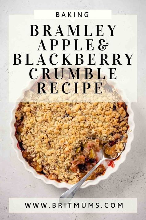 This will soon become your go-to crumble recipe because it has the best topping! (with healthy oats). Try our traditional British Bramley Apple and Blackberry Crumble recipe which is quick and easy. It has step by step instructions on how to make this delicious dessert with a streusel topping! #applecrumble #baking #apples #blackberries Apple And Blackberry Crumble, Bramley Apple Recipes, Blackberry Crumble Recipe, Baking Apples, Rhubarb Crumble Recipes, Oat Crumble Topping, Healthy Oats, Blackberry Crumble, Dinner Party Dishes