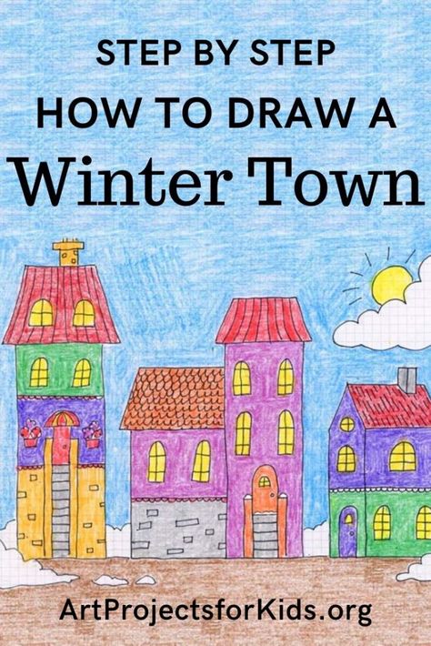 Winter Drawings Pencil Easy, House Drawing For Kids, Town Drawing, Winter Town, January Art, Town Art, Winter Drawings, Art Project For Kids, Art Therapy Projects