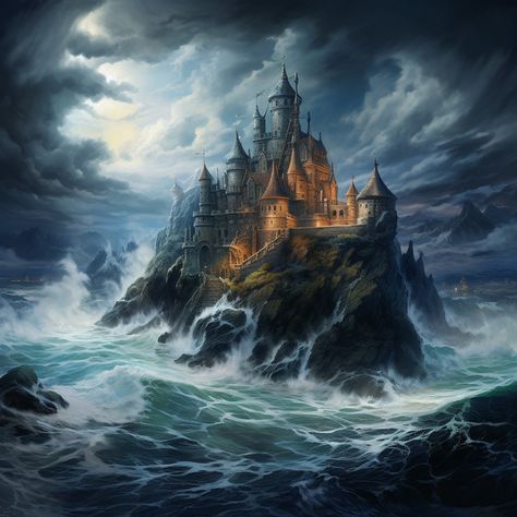 Water Castle, Sea Castle, Ocean Castle, Castles By The Sea, Fantasy Castle By The Sea, Castle By The Sea, Sea Castle Fantasy Art, Coastal Kingdom Fantasy Art, Underwater Castle Fantasy Art