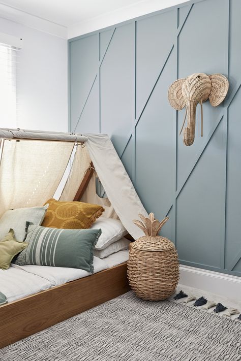 Boys Blue Bedroom Ideas, Boy Rugs, Benjamin Moore Bedroom, Bed Boy, Nursery Accent Wall, Three Birds Renovations, Dekorasi Kamar Tidur, Three Birds, Kids Room Inspiration