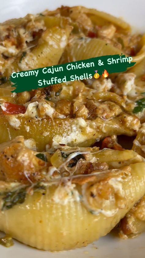 Stuffed Seafood Shells With Cajun Cream Sauce, Cajun Stuffed Pasta Shells, Chicken Shrimp Stuffed Shells, Cajun Seafood Stuffed Shells, Cajun Chicken And Shrimp Stuffed Shells, Cajun Shrimp Stuffed Shells, Shrimp Alfredo Stuffed Shells, Stuffed Chicken Shells Recipes, Salmon And Shrimp Stuffed Shells