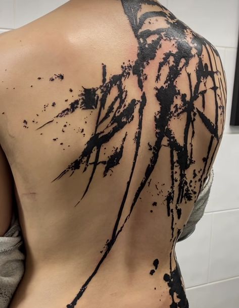 Deep Black Tattoo, Splatter Tattoo Black, Black Splatter Tattoo, Blood Splatter Tattoo, Abstract Black Work Tattoo, Messy Tattoo Style, Dark Abstract Tattoo, Charcoal Tattoo, Black Cover Up Tattoos For Women